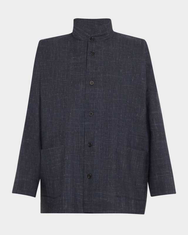 Wide Longer-Back Double Stand Collar Shirt Jacket (Mid Plus Length)
